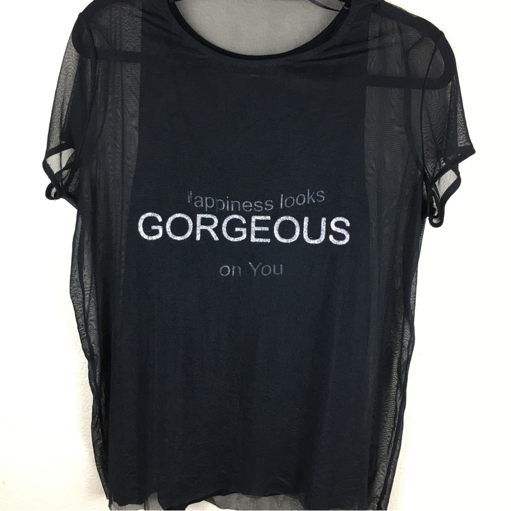MOHITO COLLECTION Black Sheer Over Layer "Gorgeous" Black Tank "Happiness looks